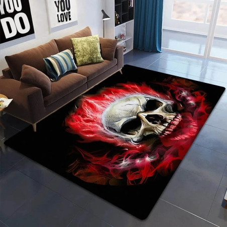 Tapis Tête de Mort - Crâne Maudit aux Flammes Pourpres