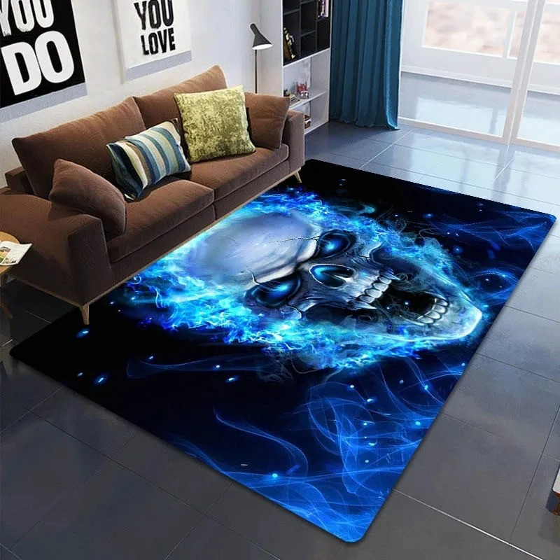 Tapis Tête de Mort - Crâne Surnaturel aux Flammes Bleues Astrales