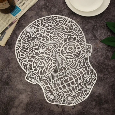 Dessous de verre antidérapant Tête de Mort - Dentelle Macabre Couleur Argent