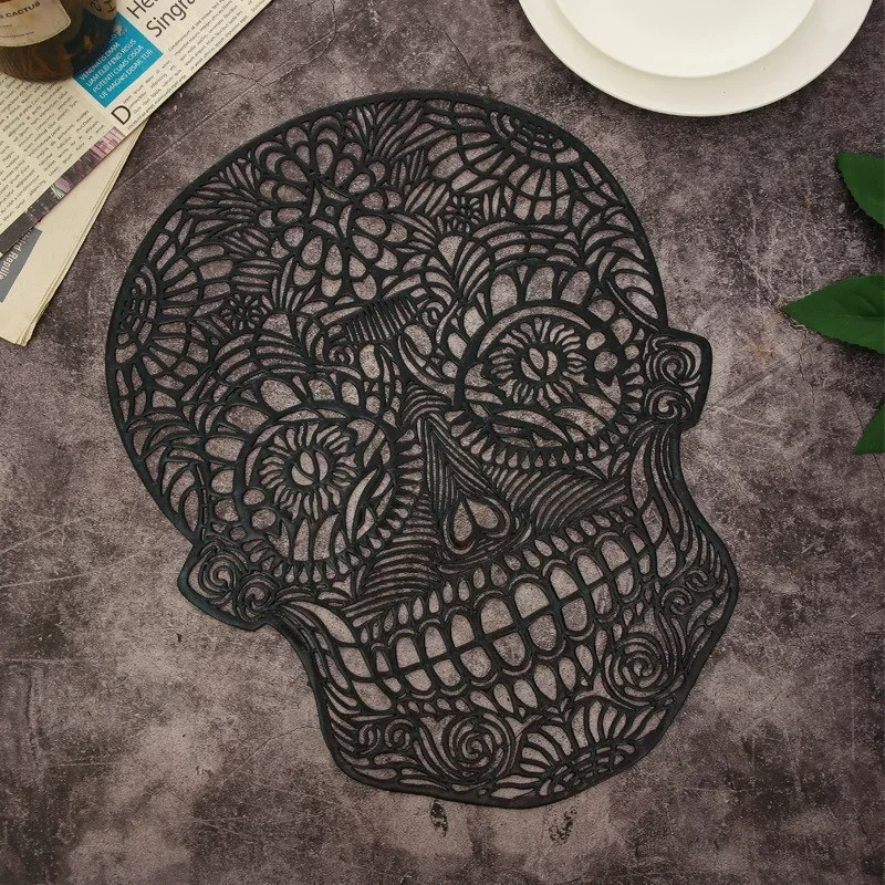 Dessous de verre antidérapant Tête de Mort - Dentelle Macabre Couleur Noir