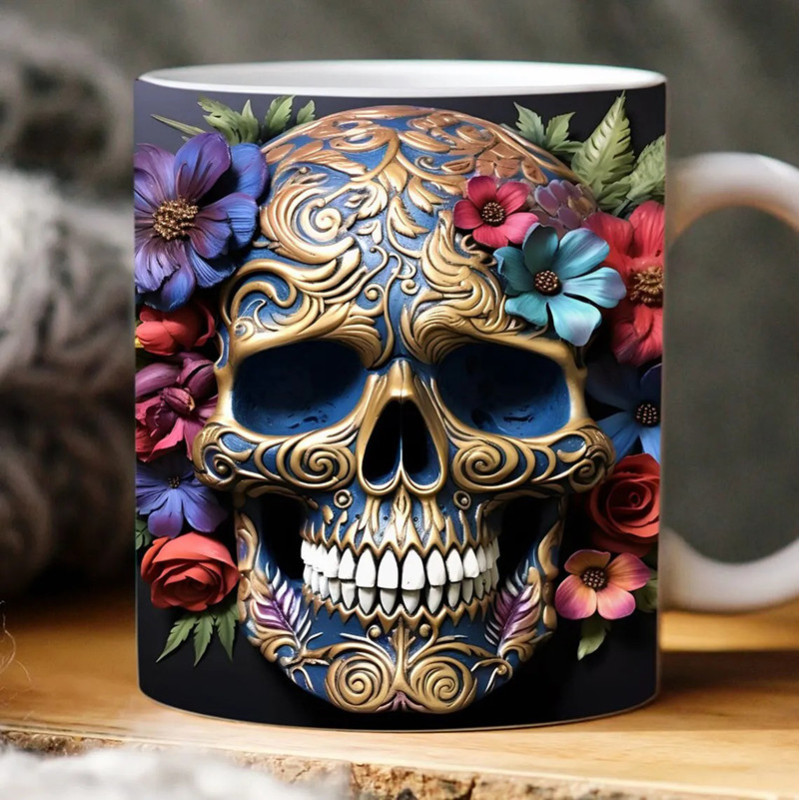 Mug Tête de Mort Gothique – Crânes Baroques en Fleur