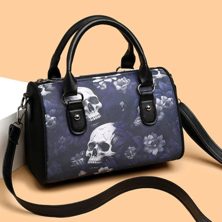 Sac à Main Tête de Mort - Crâne Nocturne & Fleurs Indigo
