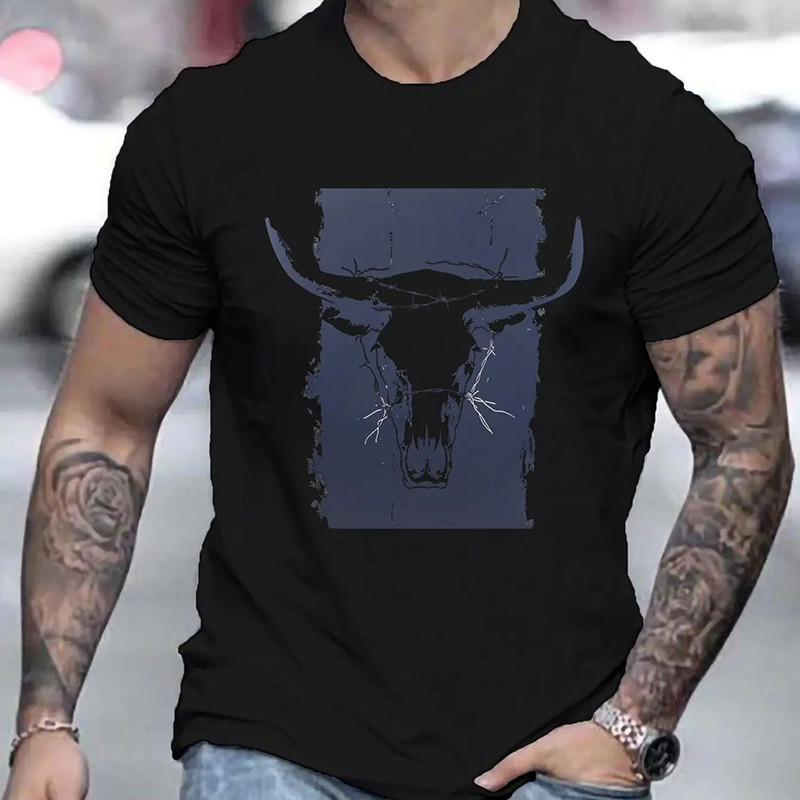 T-shirt Tête de Mort Crâne de Taureau "Far West Barbelé" Couleur Noir