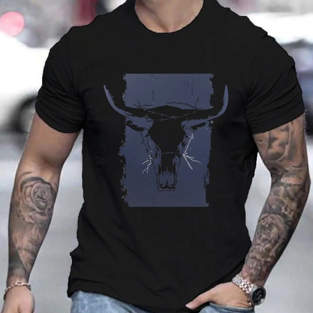 T-shirt Tête de Mort Crâne de Taureau "Far West Barbelé" Couleur Noir