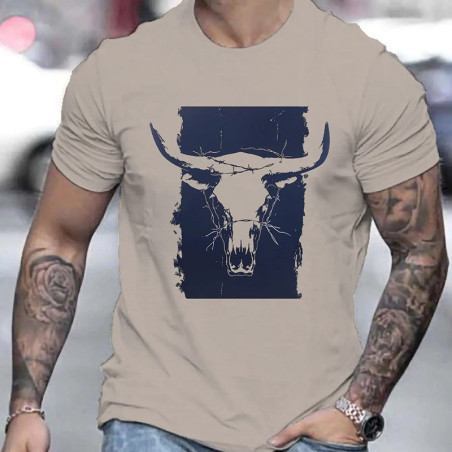 T-shirt Tête de Mort Crâne de Taureau "Far West Barbelé" Couleur Beige