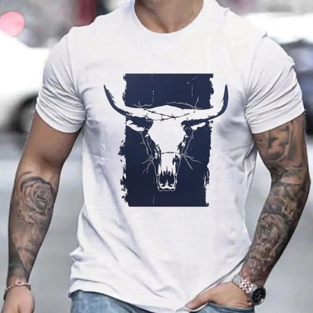 T-shirt Tête de Mort Crâne de Taureau "Far West Barbelé" Couleur Blanc