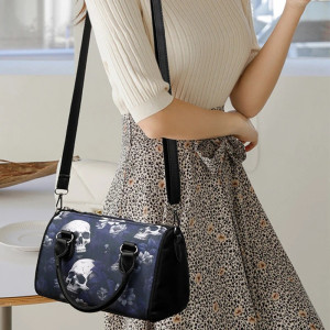 Magnifiqque Sac à Main Tête de Mort - Crâne Nocturne & Fleurs Indigo