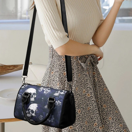 Magnifiqque Sac à Main Tête de Mort - Crâne Nocturne & Fleurs Indigo