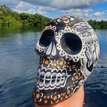 Magnifique Crâne Décoratif Mexicain - Fleur de Cendre et d’Or