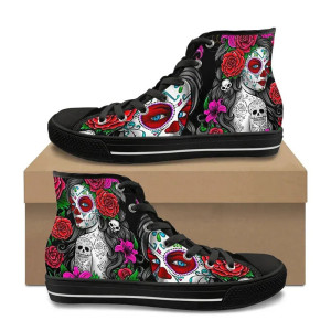 Baskets plates tête de mort Santa Muerte pour femmes Couleur Noir