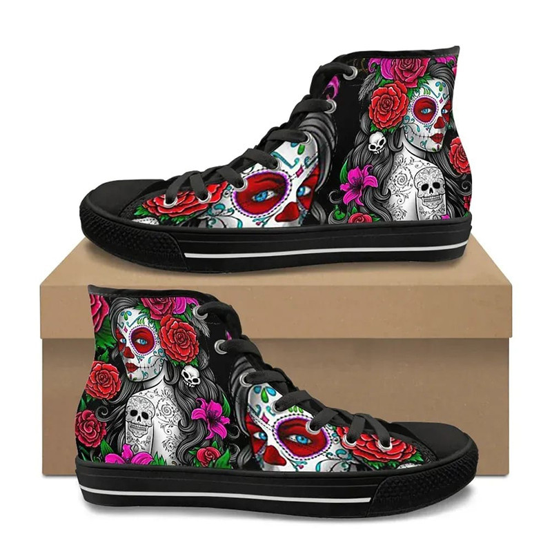 Baskets plates tête de mort Santa Muerte pour femmes Couleur Noir