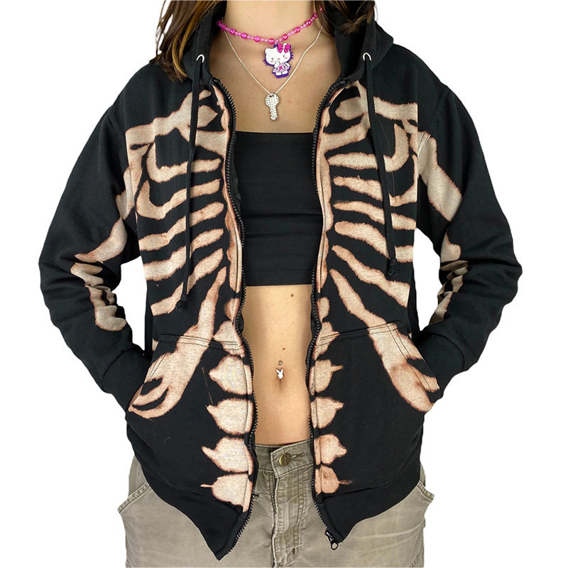 Hoodie zippé fashion squelette - couleur noir