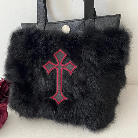 Magnifique Sac à Main Gothique Fourrure Noire - Croix Écarlate du Crépuscule