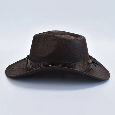 Vue côté du Chapeau Cowboy Tête de Mort - Crâne du Far West couleur marron