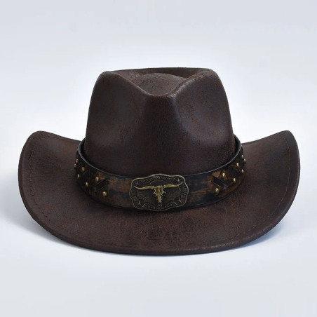 Vue face Chapeau Cowboy Tête de Mort - Crâne du Far West couleur marron
