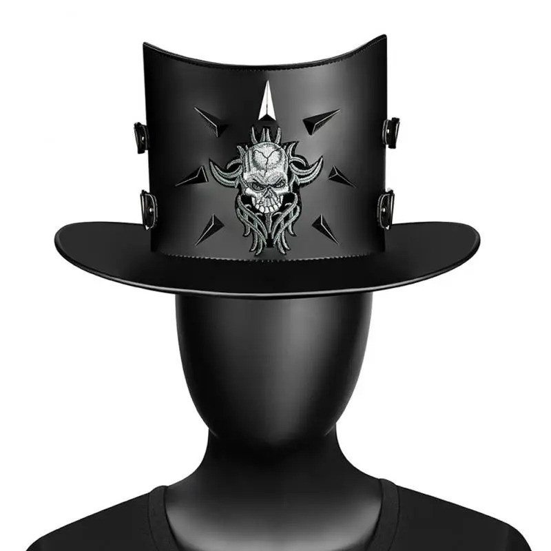 Chapeau Haut-de-Forme Tête de Mort - "Démon du Cuir Noir"