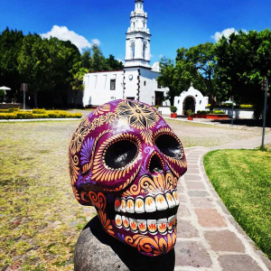 Magnifique Crâne Décoratif Mexicain - Fleur Royale sur Terre Pourpre - Peint à la Main au Mexique