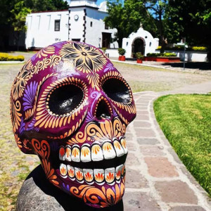 Crâne Décoratif Mexicain - Fleur Royale sur Terre Pourpre - Peint à la Main au Mexique