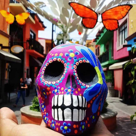 magnifique Crâne Décoratif Mexicain - Fête des Couleurs et Fleur Bleue - Peint à la Main au Mexiqu