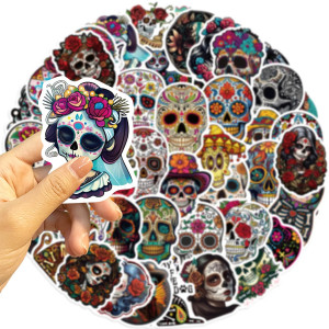 Lot de 10, 30 ou 50 stickers de Magnifiques Crânes Mexicains Colorés