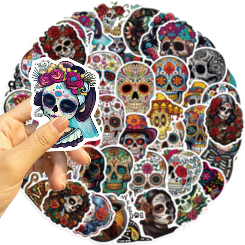 Lot de 10, 30 ou 50 stickers de Magnifiques Crânes Mexicains Colorés