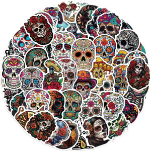 Lot de 10, 30 ou 50 stickers Crânes Mexicains Colorés Santa Muerte