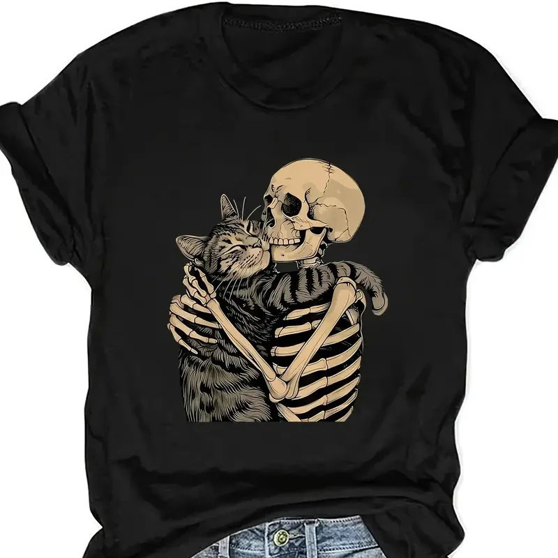 T-shirt Tête de Mort Chat "Câlin Squelette & Félin"