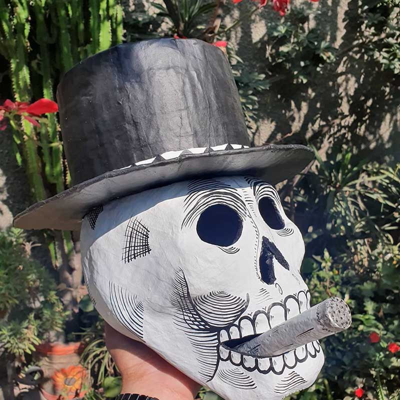 Magnifique Crâne Décoratif Mexicain Señor Calavera au Chapeau Haut-de-Forme