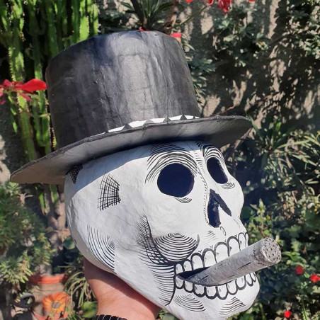 Magnifique Crâne Décoratif Mexicain Señor Calavera au Chapeau Haut-de-Forme