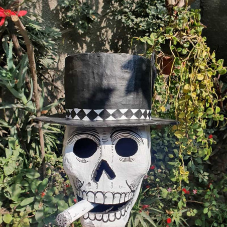 Crâne Décoratif Mexicain Señor Calavera au Chapeau Haut-de-Forme