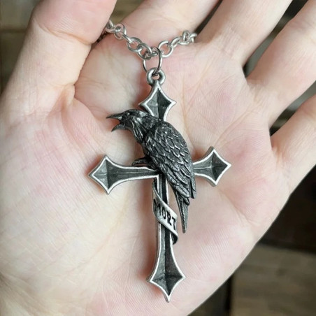 Pendentif Corbeau sur Croix "Memento Mortis" Style Gothique Romantique