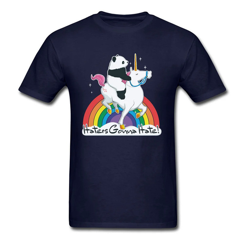 T-shirt Crâne Humoristique "Haters Gonna Hate" – Panda sur Licorne Arc-en-Ciel Couleur BLeu marine