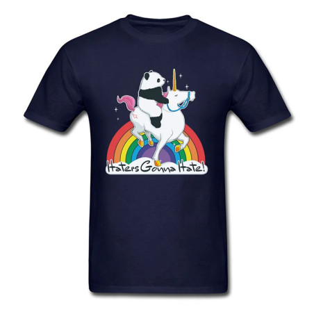 T-shirt Crâne Humoristique "Haters Gonna Hate" – Panda sur Licorne Arc-en-Ciel Couleur BLeu marine