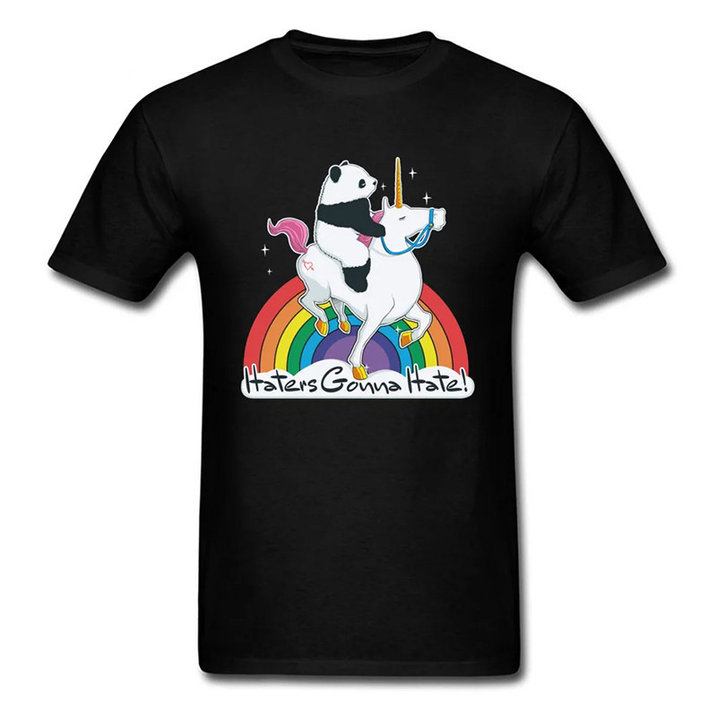 T-shirt Crâne Humoristique "Haters Gonna Hate" – Panda sur Licorne Arc-en-Ciel Couleur Noir
