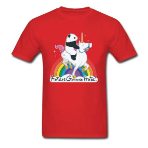 T-shirt Crâne Humoristique "Haters Gonna Hate" – Panda sur Licorne Arc-en-Ciel Couleur Rouge