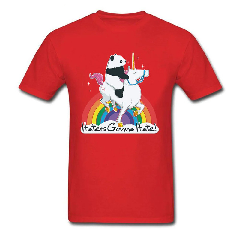 T-shirt Crâne Humoristique "Haters Gonna Hate" – Panda sur Licorne Arc-en-Ciel Couleur Rouge