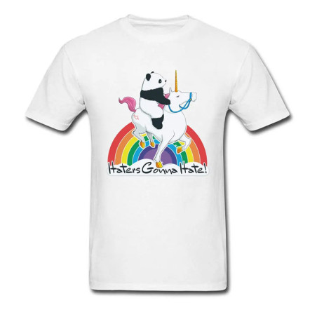 T-shirt Crâne Humoristique "Haters Gonna Hate" – Panda sur Licorne Arc-en-Ciel Couleur Blanc
