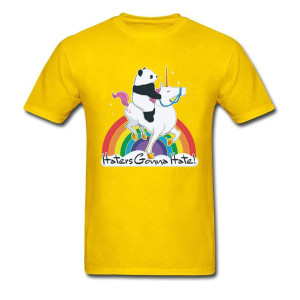 T-shirt Crâne Humoristique "Haters Gonna Hate" – Panda sur Licorne Arc-en-Ciel Couleur Jaune