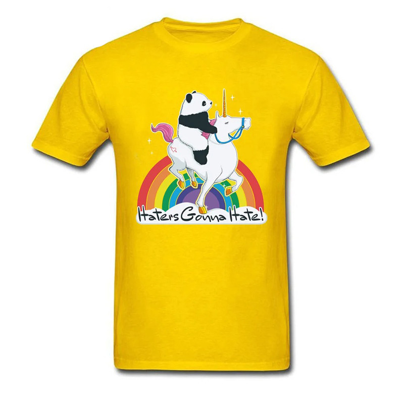 T-shirt Crâne Humoristique "Haters Gonna Hate" – Panda sur Licorne Arc-en-Ciel Couleur Jaune
