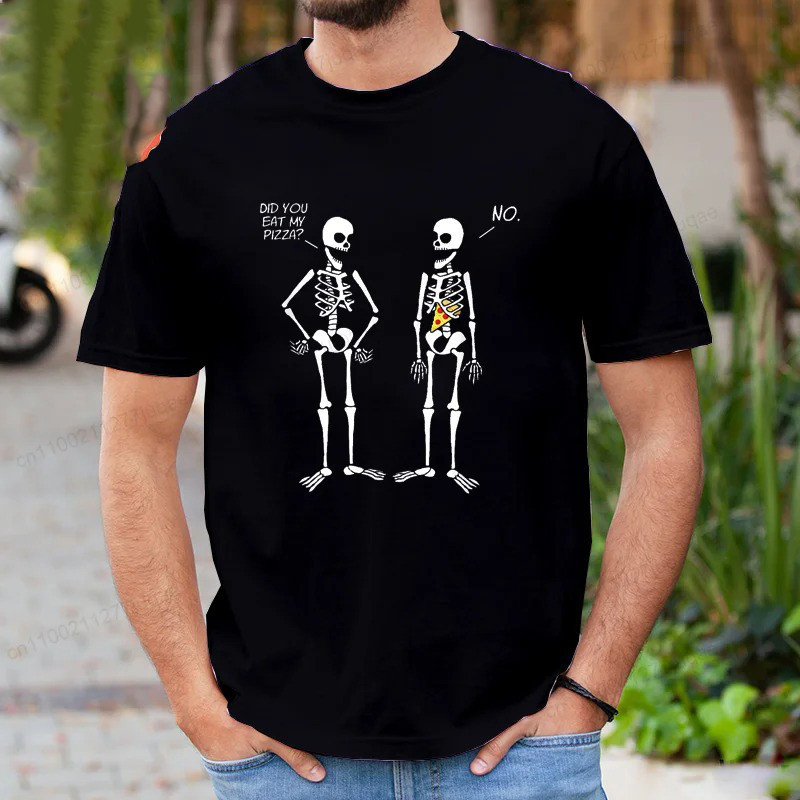T-shirt Tête de Mort Humour "Squelette Voleur de Pizza"