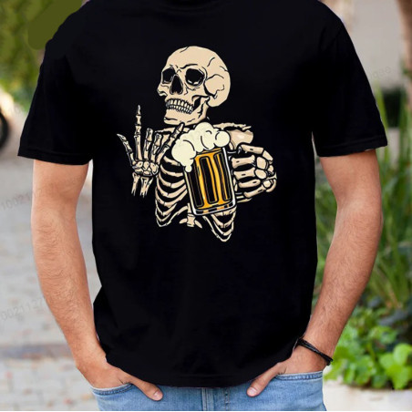 T-shirt Tête de Mort Humour "Squelette à la Bière"