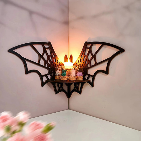 Avant Étagère Murale d’Angle Gothique – Design Chauve-Souris Ailée avec Toiles d’Araignée