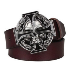 Ceinture Tête de Mort Croix de Malte couleur cuir marron