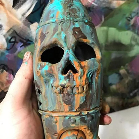 Magnifique Décoration Métal Industriel - Fusée Post-Apocalyptique Tête de Mort 20 cm