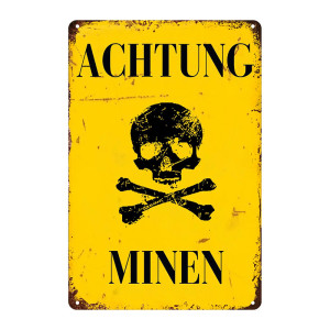 Plaque Métal Tête de Mort "Achtung Minen – Zone Interdite"