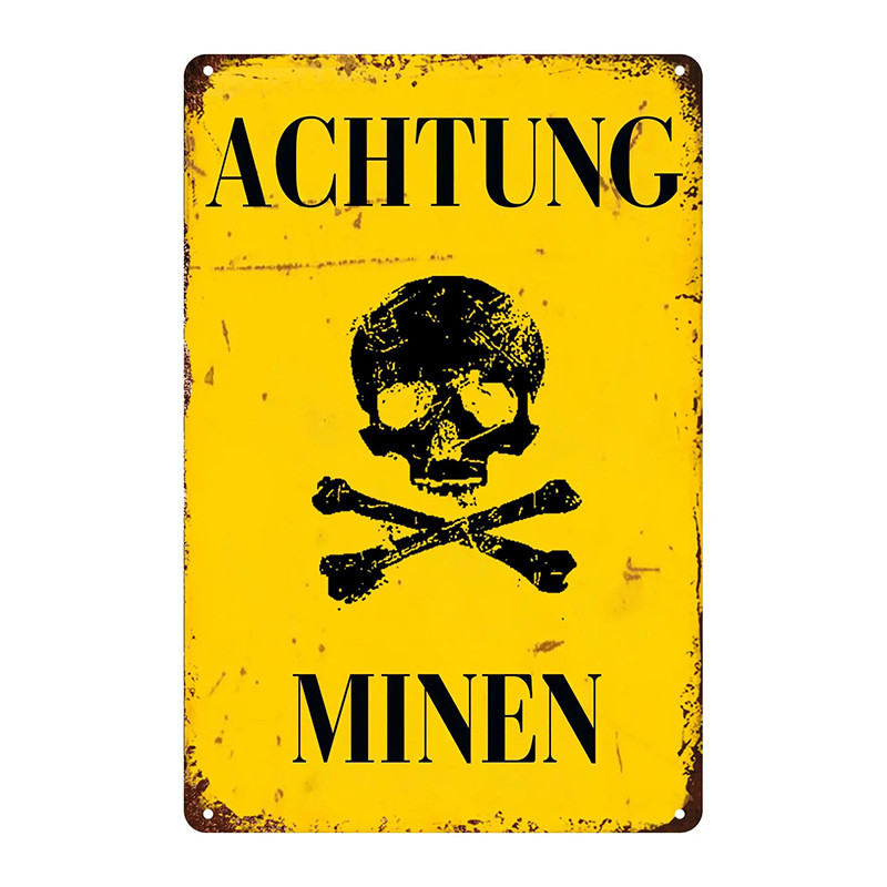 Plaque Métal Tête de Mort "Achtung Minen – Zone Interdite"