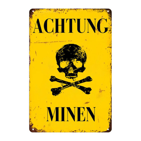 Plaque Métal Tête de Mort "Achtung Minen – Zone Interdite"