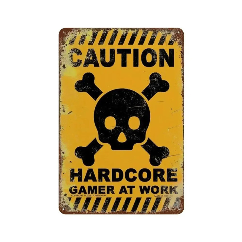 Plaque Métal Tête de Mort Gamer "CAUTIOn - Hard Core Gamer At Work"