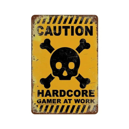 Plaque Métal Tête de Mort Gamer "CAUTIOn - Hard Core Gamer At Work"