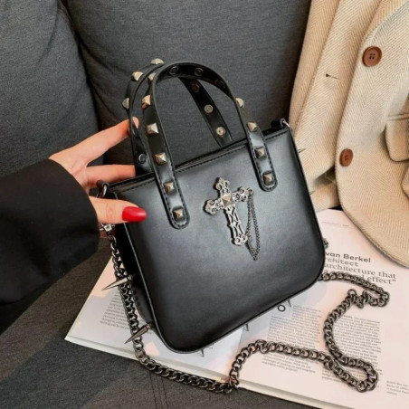 Sac à Main Gothique - Croix Noire & Chaînes Sacrées Couleur Noir